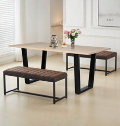 Hallowood Furniture Dudley 1.5M Dining Table Set With 2 Deluxe Leather Effect Benches - thumbnail 1