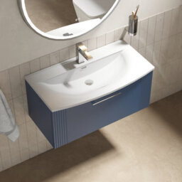 Balterley Belvide Partial Fluted 1 Drawer Wall Hung Vanity Unit With 1 Tap Hole Curved Basin- 800mm - Satin Blue - thumbnail 3