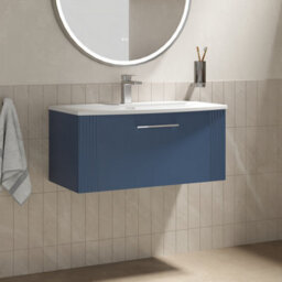 Balterley Belvide Partial Fluted 1 Drawer Wall Hung Vanity Unit With 1 Tap Hole Curved Basin- 800mm - Satin Blue - thumbnail 4