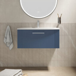 Balterley Belvide Partial Fluted 1 Drawer Wall Hung Vanity Unit With 1 Tap Hole Curved Basin- 800mm - Satin Blue - thumbnail 2