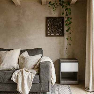 Wyld Haus Budapest Bedside Table Concrete-Effect & White Gloss, 1 Drawer 1 Shelf, L 40.4 X D 40 X H 49.5 Cm - image 1