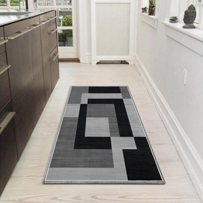 Aspire Homeware Cosy Soft Floor Rug, Non-Slip Area Mat, Bedroom Living Room Entryway Carpet Milo Black Grey (L)110 X (W)60Cm