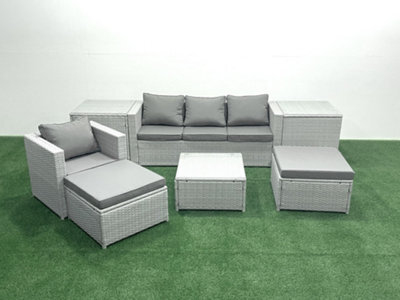 Fimous Garden Outdoor Furniture Set 6 Seater Rattan Sofa Set 2 Big Stools Armchair 2 Side Tables Light Grey - image 1