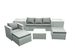 Fimous Garden Outdoor Furniture Set 6 Seater Rattan Sofa Set 2 Big Stools Armchair 2 Side Tables Light Grey - thumbnail 2