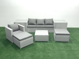Fimous Garden Outdoor Furniture Set 6 Seater Rattan Sofa Set 2 Big Stools Armchair 2 Side Tables Light Grey