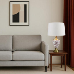 Lighting Supermarket Hepburn Antique Table Lamp With Red Gold Linen Shade Printed Ceramic Effect 58Cm