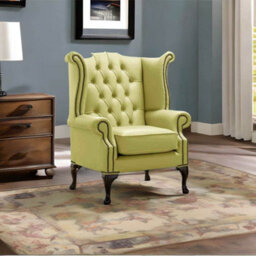 Chesterfield High Back Wing Chair Shelly Field Green Leather Bespoke In Queen Anne Style - thumbnail 2