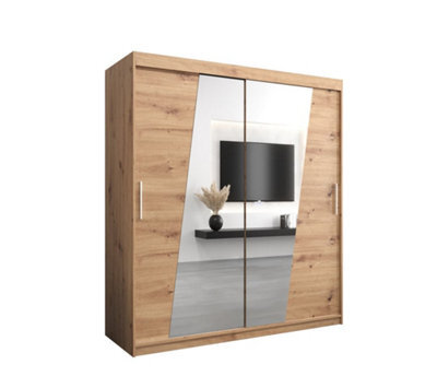 Arte Rhomb Contemporary Mirrored 2 Sliding Door Wardrobe 9 Shelves 2 Rails Oak Artisan Effect (H)2000mm (W)1800mm (D)620mm - image 1