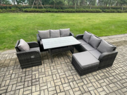 Fimous 8 Seater Rattan Garden Furniture Set Oblong Dining Table And Chairs Set With 3 Seater Sofa Big Footstool Dark Grey Mixed - thumbnail 2