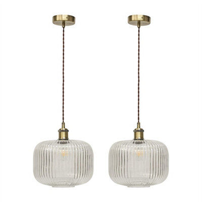 First Choice Lighting Set Of 2 Batley Large - Clear Rib Glass Antique Brass Retro Pendants - image 1