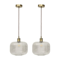 First Choice Lighting Set Of 2 Batley Large - Clear Rib Glass Antique Brass Retro Pendants - thumbnail 1