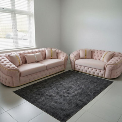 Stratus Interiors Ambassador 2+3 Sofa Set - Chesterfield Toronto With Silver Trim Sofa For Living Room - No-Frill Design - Pink Plush - image 1