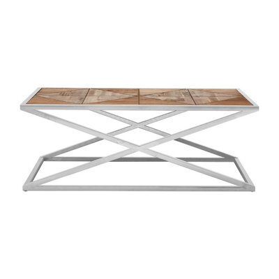 Orsina Modern Coffee Table With Stainless Steel Frame And Distressed Wood Top, Stylish Industrial Coffee Table