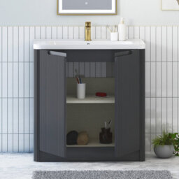 Royal Bathrooms Avenza 800mm Fluted Floor Standing Vanity Unit Matt Obsidian Black 2 Door Storage Cabinet With Ceramic Basin - thumbnail 3
