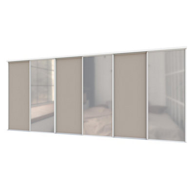 A-Class Sliding Doors Set Of 6 Stone Grey & Mirror Sliding Wardrobe Door Kit, White Frame & Tracks, Opening Height (H) 225-226Cm & Width (W) 444-445Cm - image 1