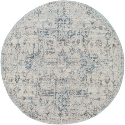 Livabliss Round Ankara-Vintage Grey Blue Traditional Boho Living Dining Bedroom Rug 160 X 160 Cm Easy Care, Non Shedding - image 1