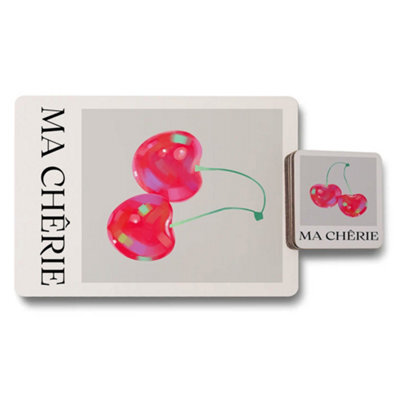 Benjamin Tate Design Ma Chérie Placemat And Coaster Set In Designer Cherry Artwork With Wood Base Limited Edition - image 1