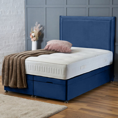 Bsspoke Ottoman Divan Bed In Blue Plush Velvet With 25Cm Orthopaedic Mattress & 138Cm Headboard End Lift Up Storage In All Sizes - image 1