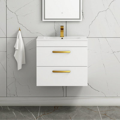 Royal Bathrooms Turin Gloss White 600mm Wall Hung Vanity Unit 2 Drawer With Minimalist Basin Sink & Brushed Brass Handles - image 1