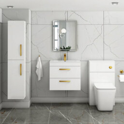 Royal Bathrooms Turin Gloss White 600mm Wall Hung Vanity Unit 2 Drawer With Minimalist Basin Sink & Brushed Brass Handles - thumbnail 2
