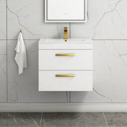 Royal Bathrooms Turin Gloss White 600mm Wall Hung Vanity Unit 2 Drawer With Minimalist Basin Sink & Brushed Brass Handles - thumbnail 1