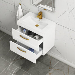 Royal Bathrooms Turin Gloss White 600mm Wall Hung Vanity Unit 2 Drawer With Minimalist Basin Sink & Brushed Brass Handles - thumbnail 3