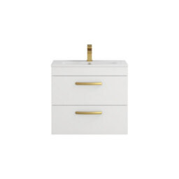 Royal Bathrooms Turin Gloss White 600mm Wall Hung Vanity Unit 2 Drawer With Minimalist Basin Sink & Brushed Brass Handles - thumbnail 6