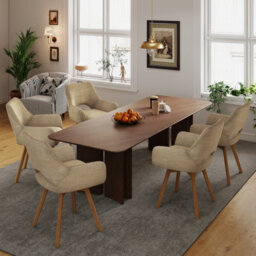 Longtoo Set Of 6 Swivel Dining Chairs , Swivel Upholstered Chairs With Armrests And Wooden Legs, Khaki - thumbnail 1