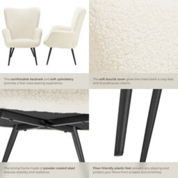 Tectake 1 Armchair Hygge - Padded, Armrests And Ergonomic Backrest, 150 Kg Load Capacity Without Stool - Bouclé Cream/black - thumbnail 5