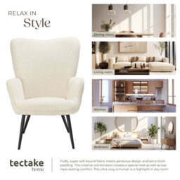 Tectake 1 Armchair Hygge - Padded, Armrests And Ergonomic Backrest, 150 Kg Load Capacity Without Stool - Bouclé Cream/black - thumbnail 8