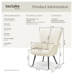 Tectake 1 Armchair Hygge - Padded, Armrests And Ergonomic Backrest, 150 Kg Load Capacity Without Stool - Bouclé Cream/black - thumbnail 6