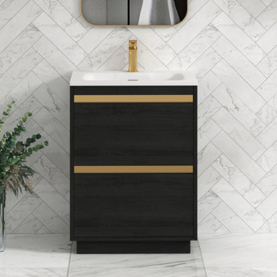 Royal Bathrooms Orion 600mm Floor Standing Vanity Unit 2 Drawer Hale Black With Matt Stone Basin & Brushed Brass Accent Trim - image 1