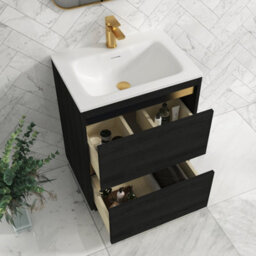 Royal Bathrooms Orion 600mm Floor Standing Vanity Unit 2 Drawer Hale Black With Matt Stone Basin & Brushed Brass Accent Trim - thumbnail 5
