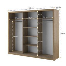 Arte Lux Ii Modern Mirrored Sliding Door Wardrobe (H2150mm W2500mm D600mm) - Oak Shetland - thumbnail 4