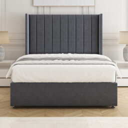 Bsspoke Hannah Divan Bed Set Steel Plush Velvet 54Inch Wingedback Panel Headboard & Mattress No Drawers In 3Ft 4Ft 4Ft6 5Ft 6Ft - thumbnail 1