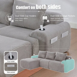 Abrihome Light Gray 3-Seater Modular Cord Sofa With Ottomans, Cup Holders & Side Storage Pockets - thumbnail 4