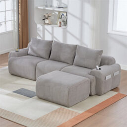 Abrihome Light Gray 3-Seater Modular Cord Sofa With Ottomans, Cup Holders & Side Storage Pockets - thumbnail 8