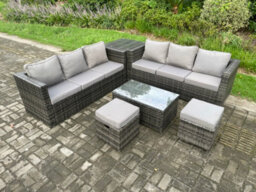 Fimous Rattan Garden Furniture Set Outdoor Patio Sofa Set With Oblong Coffee Table Side Table 2 Small Footstools 8 Seater - thumbnail 2