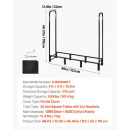 Vevor Firewood Rack With Waterproof Cover, 4 Ft Outdoor Firewood Holder, 1/4 Cord Storage Metal Log Holder, Top Covered - thumbnail 7