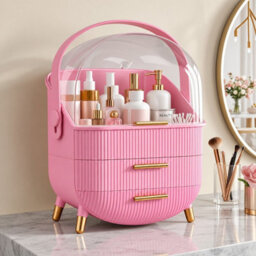 Cosmetic Storage Case With Handle Pink Makeup & Skincare Organiser - thumbnail 4