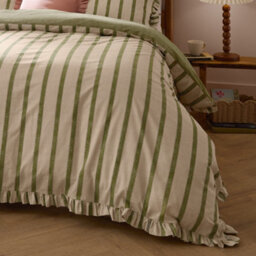 Wylder Connie Striped Ruffle Duvet Cover Set, Olive, Super King - thumbnail 3