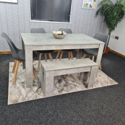 Kosy Koala Stone Grey Effect Dining Table With Bench And 4 Grey Plastic Chairs Dining Room Furniture Set