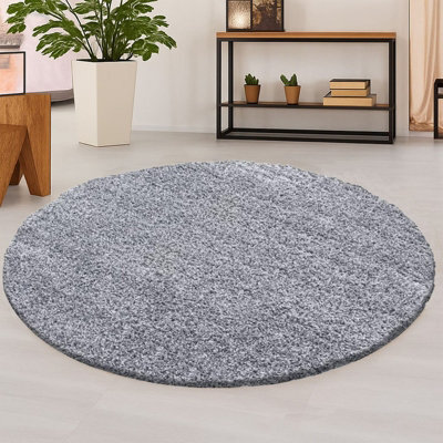 STALWART 120Cm Round Silver Shaggy Rug - 5Cm Thick Pile Soft Touch Modern Circular Rug - Washable Area Rug - image 1