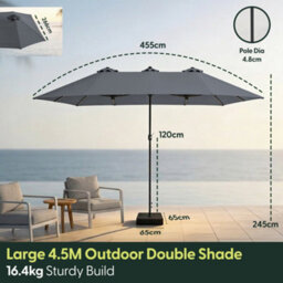 Keplin Double Garden Parasol With Base And Cover 4.5X2.7M, 12 Steel Ribs, 180Gsm Crank Handle, Polyester Canopy, Grey - thumbnail 8