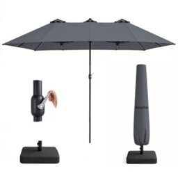 Keplin Double Garden Parasol With Base And Cover 4.5X2.7M, 12 Steel Ribs, 180Gsm Crank Handle, Polyester Canopy, Grey - thumbnail 1