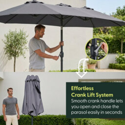 Keplin Double Garden Parasol With Base And Cover 4.5X2.7M, 12 Steel Ribs, 180Gsm Crank Handle, Polyester Canopy, Grey - thumbnail 4