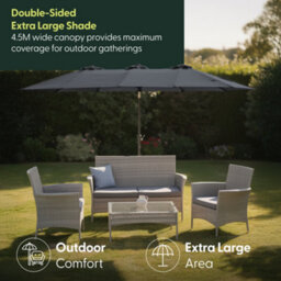 Keplin Double Garden Parasol With Base And Cover 4.5X2.7M, 12 Steel Ribs, 180Gsm Crank Handle, Polyester Canopy, Grey - thumbnail 2
