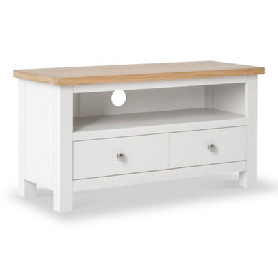 Farro White 90Cm Small Tv Unit - Fully Assembled - Painted With Oak Top By Roseland Furniture - image 1