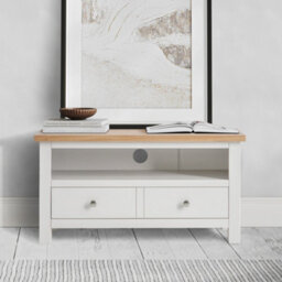 Farro White 90Cm Small Tv Unit - Fully Assembled - Painted With Oak Top By Roseland Furniture - thumbnail 2