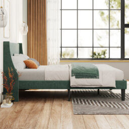 Abrihome Double Bed Velvet Moss Green 4Ft6 Upholstered Bed With Winged Headboard, Wood Slat Support - thumbnail 9